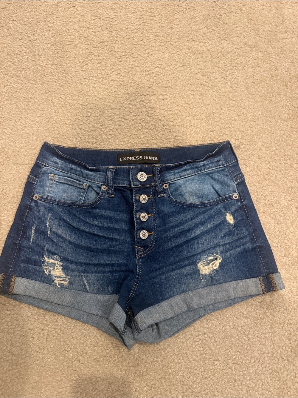 Express Dark Blue Distressed Denim Button-Front Shorts